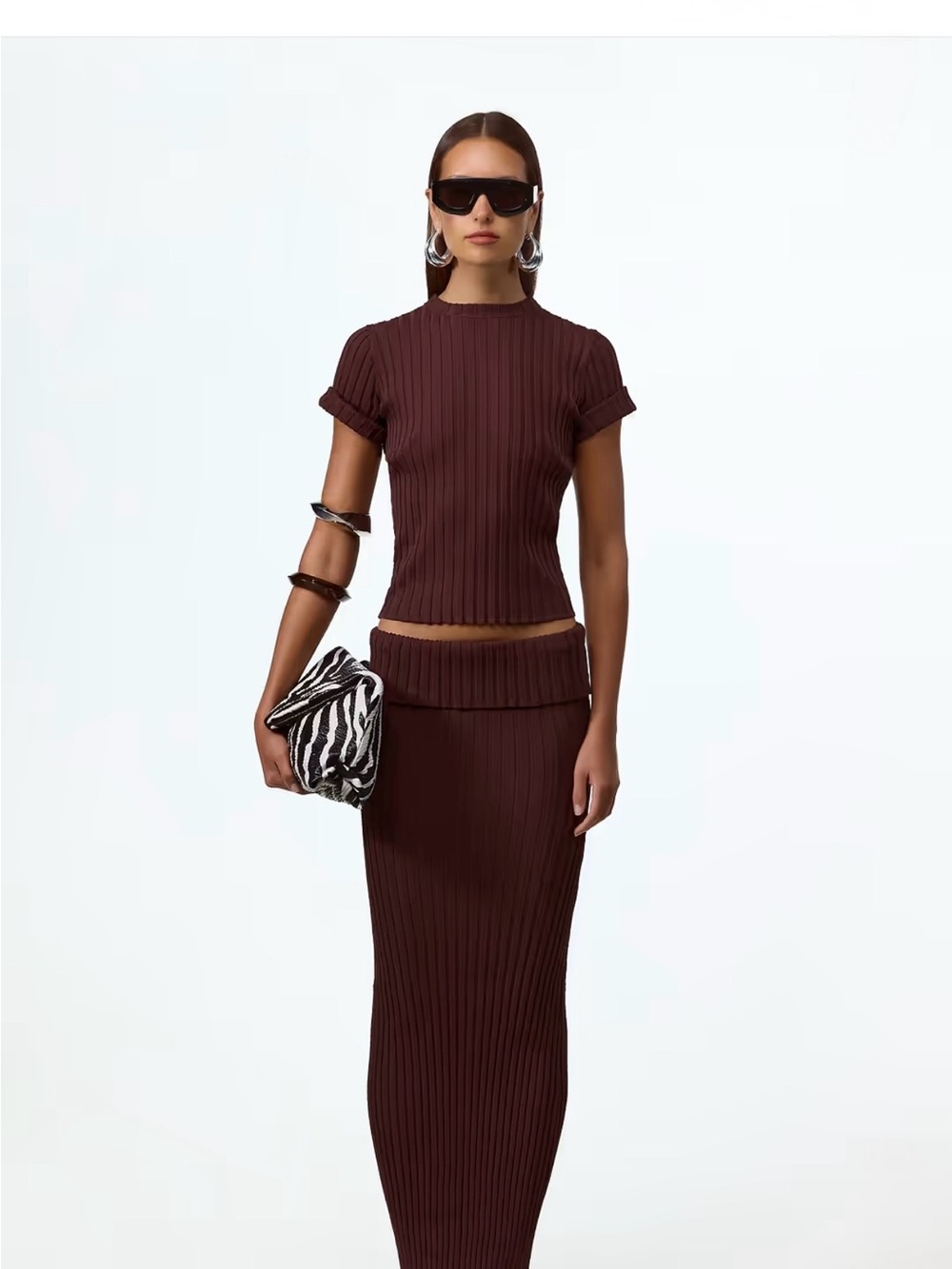 Ribbed Maxi Skirt in Deep Brown - Women